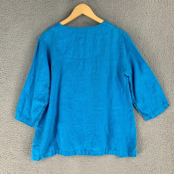 Mosaic‎ USA Top Large Linen Blue Button 3/4 Sleeve Vibrant Lagenlook - Picture 10 of 12